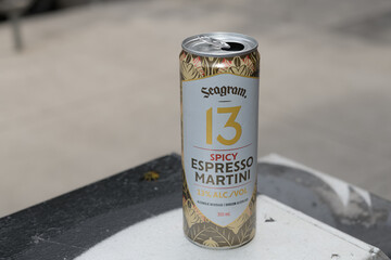 Fototapeta premium close-up of a discarded metal can of Seagram 13 - Spicy Espresso Martini, a 13% ABV ready-to-drink cocktail made in Ontario in Toronto