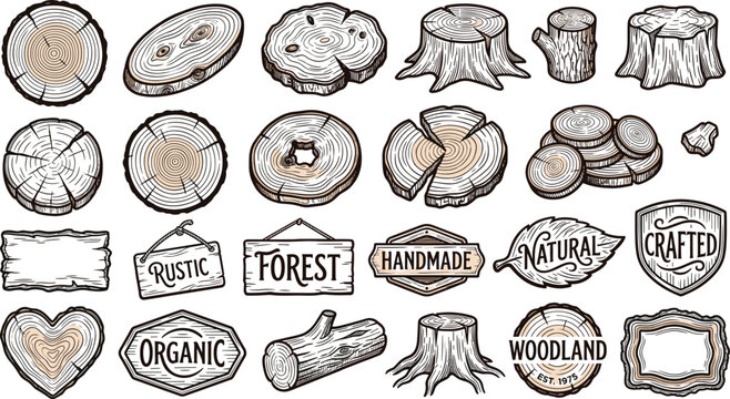 Vintage woodworking artisan craft emblems and rustic tree rings cross-section vector illustration set with wood slice board and timber stamp graphics
