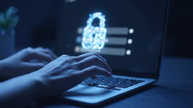 Laptop user types during cybersecurity login with glowing padlock on dark screen. Hands move across laptop keyboard while blue lock icon signals cybersecurity login in dark studio lighting.