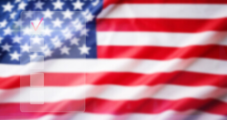 Virtual ballot checklist overlay on a waving American flag