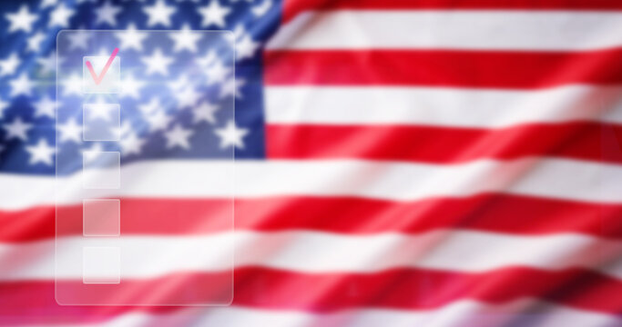 Virtual ballot checklist overlay on a waving American flag