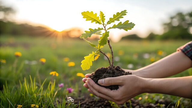 Close up of person holding a small green oak sapling in hands outdoors at sunset