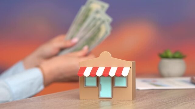Store and a woman counting money in the background. Business profit. Working capital, cash flow. Concept of entrepreneurship, small business growth, and market stability