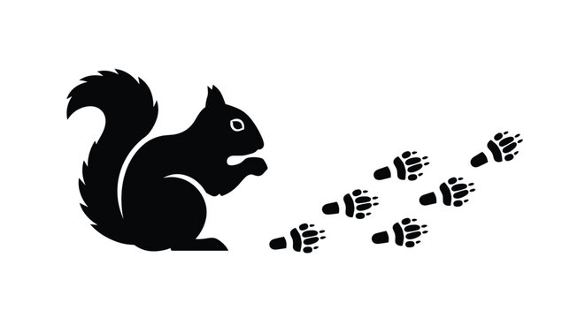 Black silhouette of a small squirrel sitting and holding a nut next to multiple wild paw print tracks.