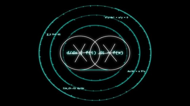 animation of complex mathematical equations floating in a dark cosmic space. Quantum physics formulas and calculus equations glow in neon blue and gold light