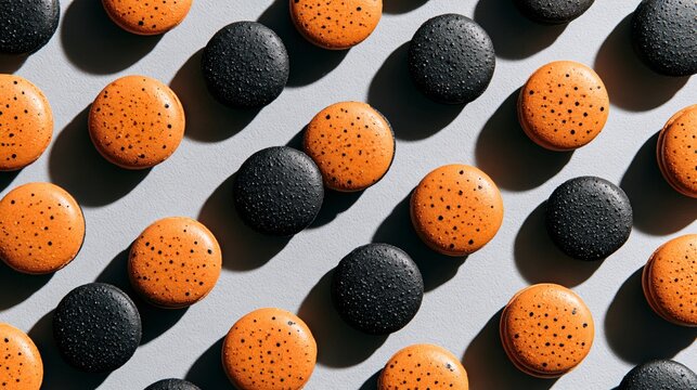A Halloween background featuring orange and black macarons arranged in a precise geometric grid on pale gray concrete, with thin shadows between each piece, minimalist food advertising aesthetic