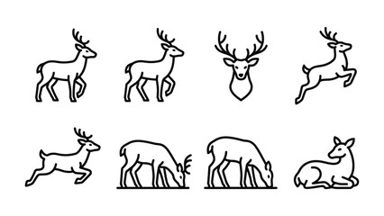 Fototapeta premium Set of Deer Icons: A collection of sleek line art illustrations depicts various poses of a deer, from standing and grazing to running and resting, symbolizing grace and nature.