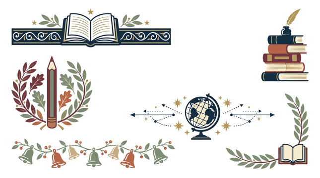 Educational design elements and borders including a book banner, a globe, a pencil wreath, and a bell garland on a white background.