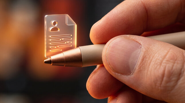 Fingers holding a stylus interacting with a glowing digital icon