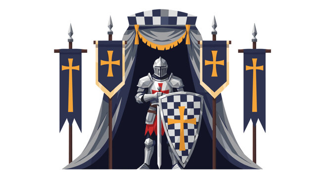 Medieval knight in shining silver armor holding a sword and shield in front of dark curtains and royal banners.