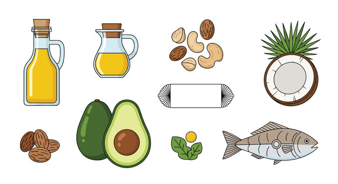 Collection of healthy fat sources including olive oil, avocado, fish, nuts, and coconut representing nutritious food diet.