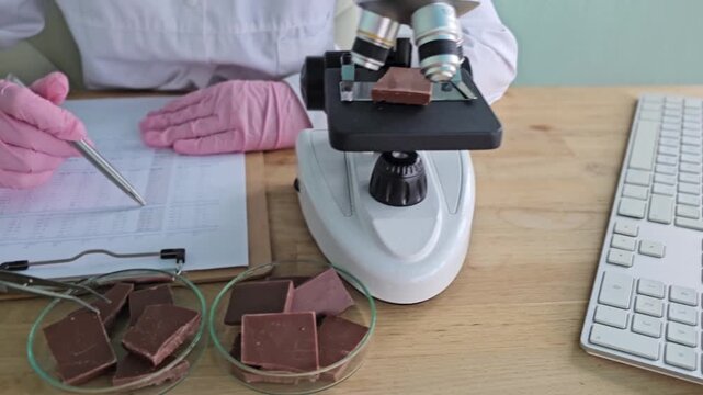 Examining chocolate samples with microscope in laboratory setting during afternoon