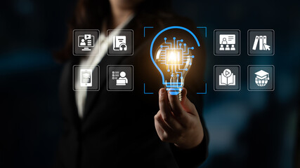 A business professional showcases a light bulb symbolizing innovative ideas surrounded by technology icons, representing the intersection of creativity and digital transformation. Cyphers © InfiniteFlow