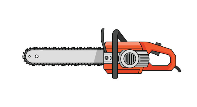 Electric orange and black chainsaw tool shown from the side view isolated on a white background for wood cutting.