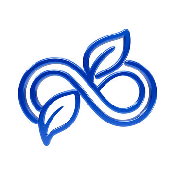 Blue 3d glossy infinity symbol intertwined with green leaves representing endless nature and sustainability