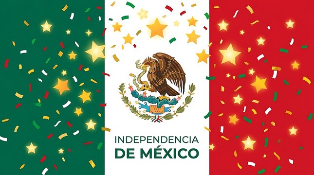 Mexican flag with glowing stars and celebratory confetti, minimal Independencia de M&eacute;xico text, clean flat vector illustration