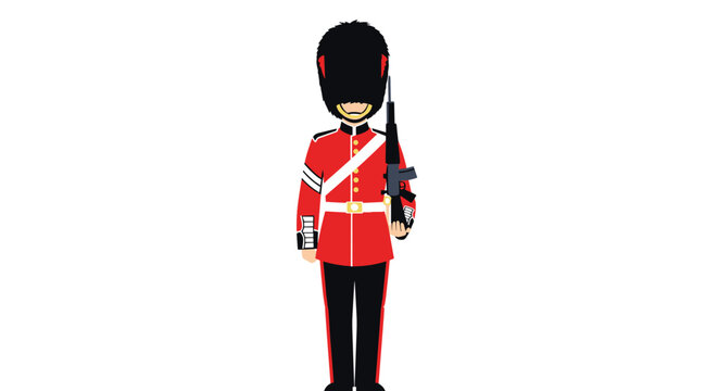 British royal guard character in classic red uniform and tall black bearskin hat holding a rifle against white background.