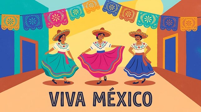 Mexican Folk Dancers in Traditional Attire, Viva M&eacute;xico Cultural Heritage and Colorful Independence Day Fiesta Flat Vector Artwork