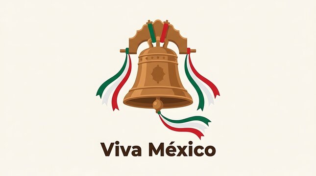 Traditional Mexican church bell, minimal Viva M&eacute;xico text, clean flat vector artwork