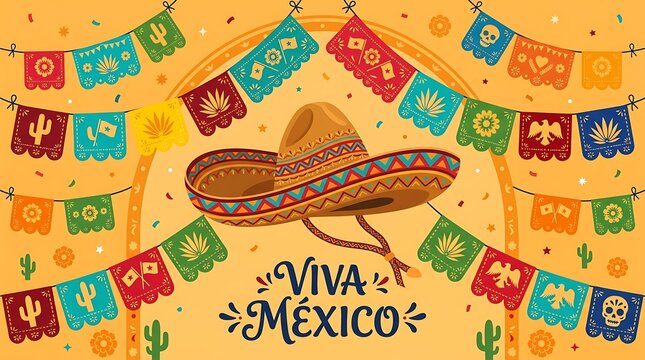 Traditional Mexican Sombrero Surrounded by Colorful Papel Picado, Viva M&eacute;xico Cultural Heritage and Independence Day Fiesta Flat Vector Artwork
