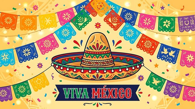 Traditional Mexican sombrero surrounded by papel picado decorations, minimal Viva M&eacute;xico text
