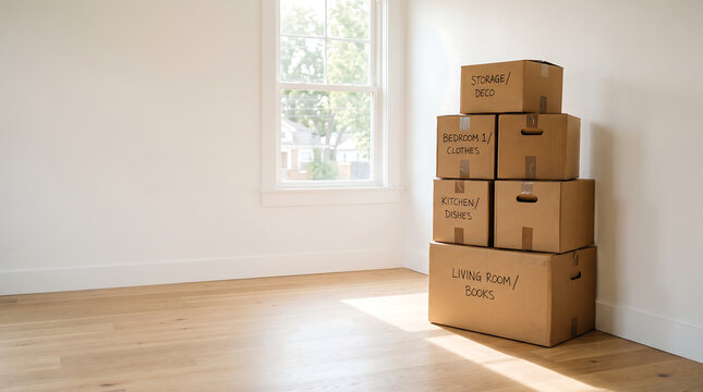 Stack of Labeled Cardboard Moving Boxes in Empty Room