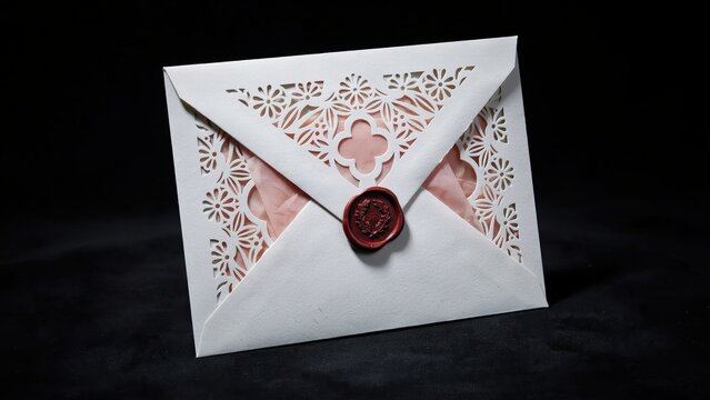 Elegant laser cut wedding invitation envelope, white lace paper envelope with red wax seal, decorative filigree stationery for formal events