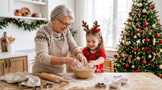 Grandmother and granddaughter baking christmas cookies together in a bright and festive kitchen setting