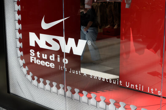 display window at Nike CF Toronto Eaton Centre featuring sign for NSW Studio Fleece