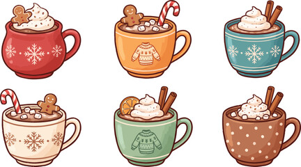 Obraz premium Six mugs of hot cocoa with toppings vector illustration on white background