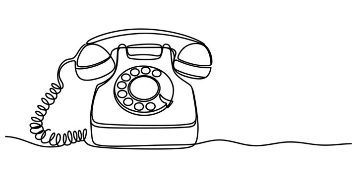 A single continuous black line drawing of a vintage rotary dial telephone device created with a simple minimalist style for creative design projects isolated on transparent background
