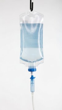 Intravenous IV drip bag with saline solution on white background