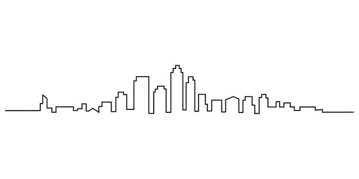 Continuous single line drawing of a modern city skyline with tall buildings and skyscrapers creating a simple minimalist graphic design for urban concept isolated on transparent background