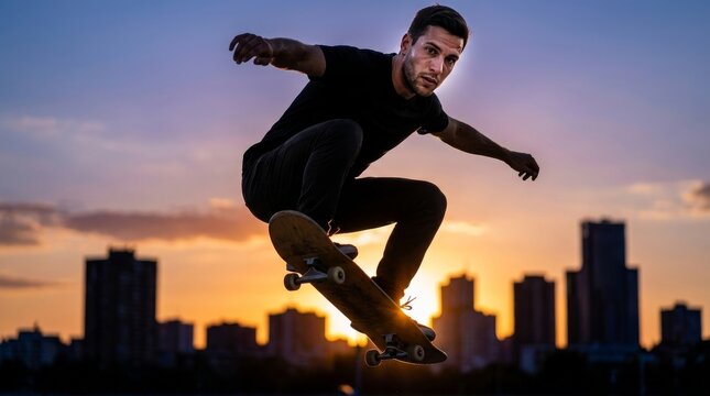 Cinematic Skateboarder Kickflip Silhouette over City Sunset