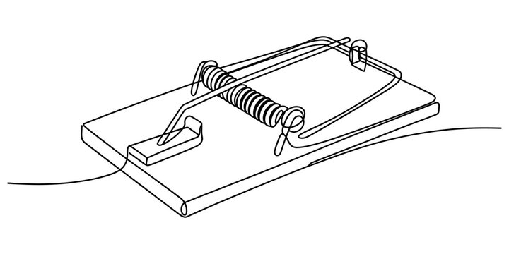 A simple black and white line art drawing of a traditional wooden mouse trap with a metal spring mechanism and a trigger bar for pest control and house safety isolated on transparent background