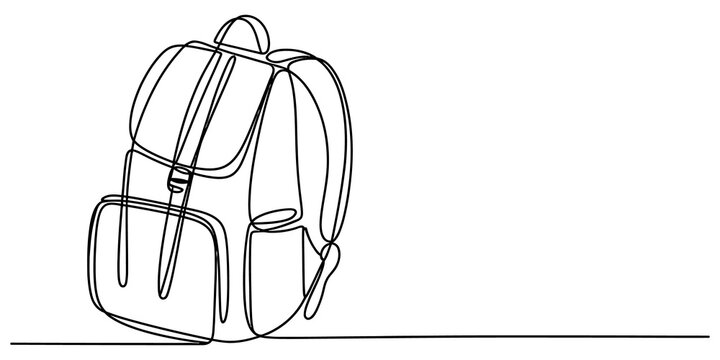 A continuous single line drawing of a backpack for school and travel showing a simple minimalist style illustration of a bag with straps and pockets design isolated on transparent background