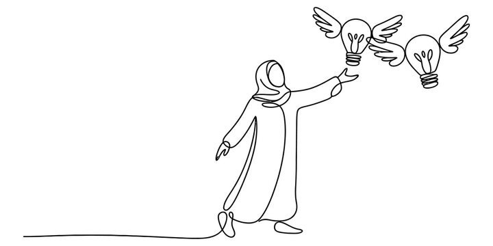 Continuous line drawing of an arab woman in a hijab reaching out to catch two flying light bulbs as a symbol of creativity and new business ideas isolated on transparent background