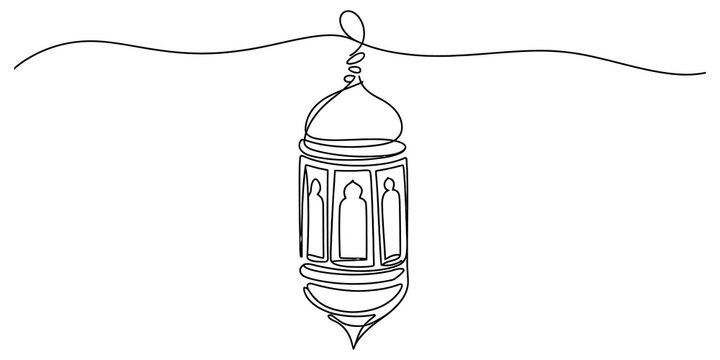 Continuous single line drawing of an ornate hanging ramadan lantern for festive islamic celebration greeting card design and traditional religious decoration isolated on transparent background