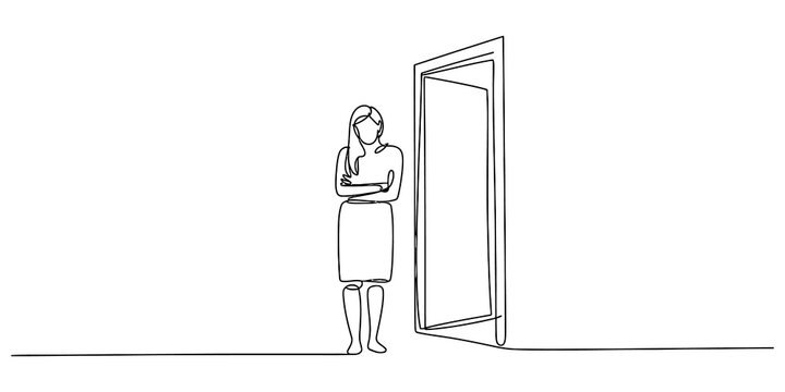 A continuous single line drawing of a woman standing and waiting by an open door showing a minimalist artistic style for modern home or office decor design isolated on transparent background
