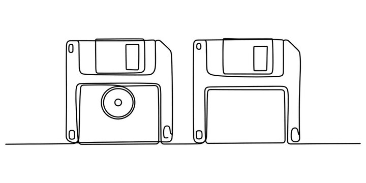 Two vintage floppy disk storage media icons drawn in a continuous line art style for retro computer technology and digital data backup concepts design isolated on transparent background