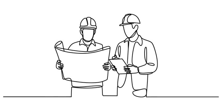 Two construction workers with hard hats looking at a blueprint drawing in a continuous single line art style for building project planning and design concepts isolated on transparent background