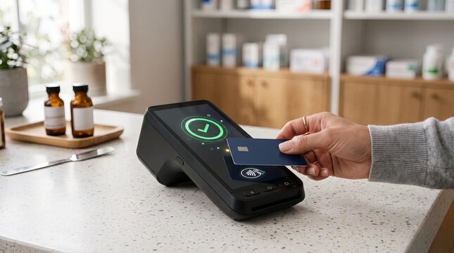 Contactless card payment at countertop terminal in pharmacy checkout with green confirmation