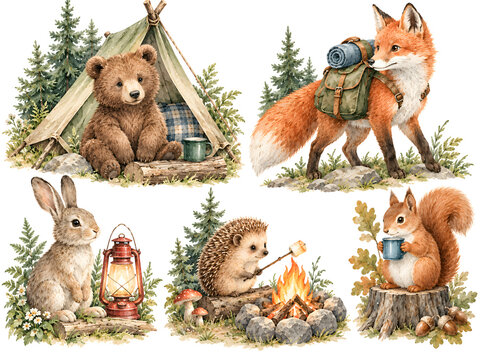 Hand painted watercolor woodland animals camping with a tent fox with backpack and campfire isolated