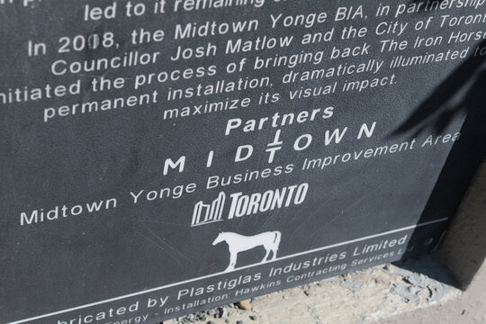 plaque for an art installation called "The Iron Horse" by Robert Sprachman over Belt Line Bridge (Yonge St), Toronto