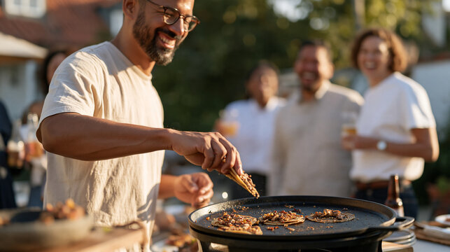 A tall bearded man flips sizzling tacos on a cast iron comal at a weekend backyard cookout surrounded by laughing guests holding beverages on national taco day, conveying casual