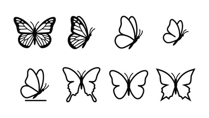 Set of Butterfly Icons: A collection of eight simple, elegant line art illustrations depicting butterflies in various poses and styles, perfect for design elements. © Md
