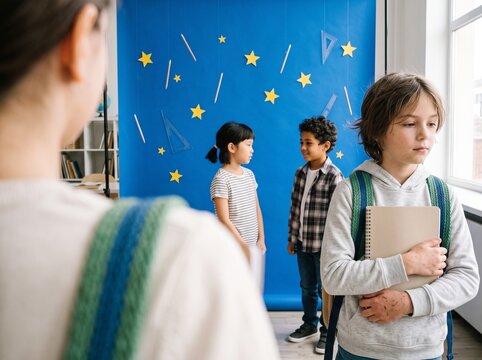 Sad and excluded schoolboy holding a notebook while classmates talk in the classroom background