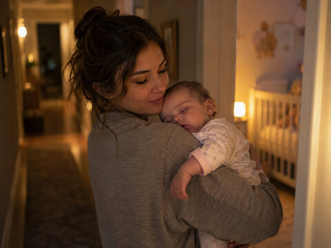Night babysitter carries a sleeping infant against her shoulder in a softly lit hallway beside the nursery, capturing a peaceful bedtime transition.