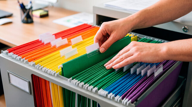 Filing cabinet with colorful folders and hands organizing documents