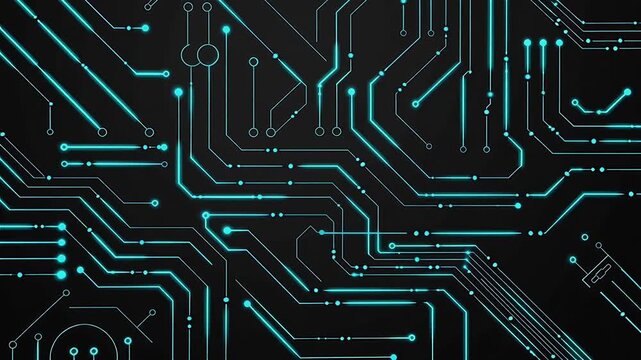 Glowing Cyan Electrical Circuit Loop on Black Background 4K,Generative AI